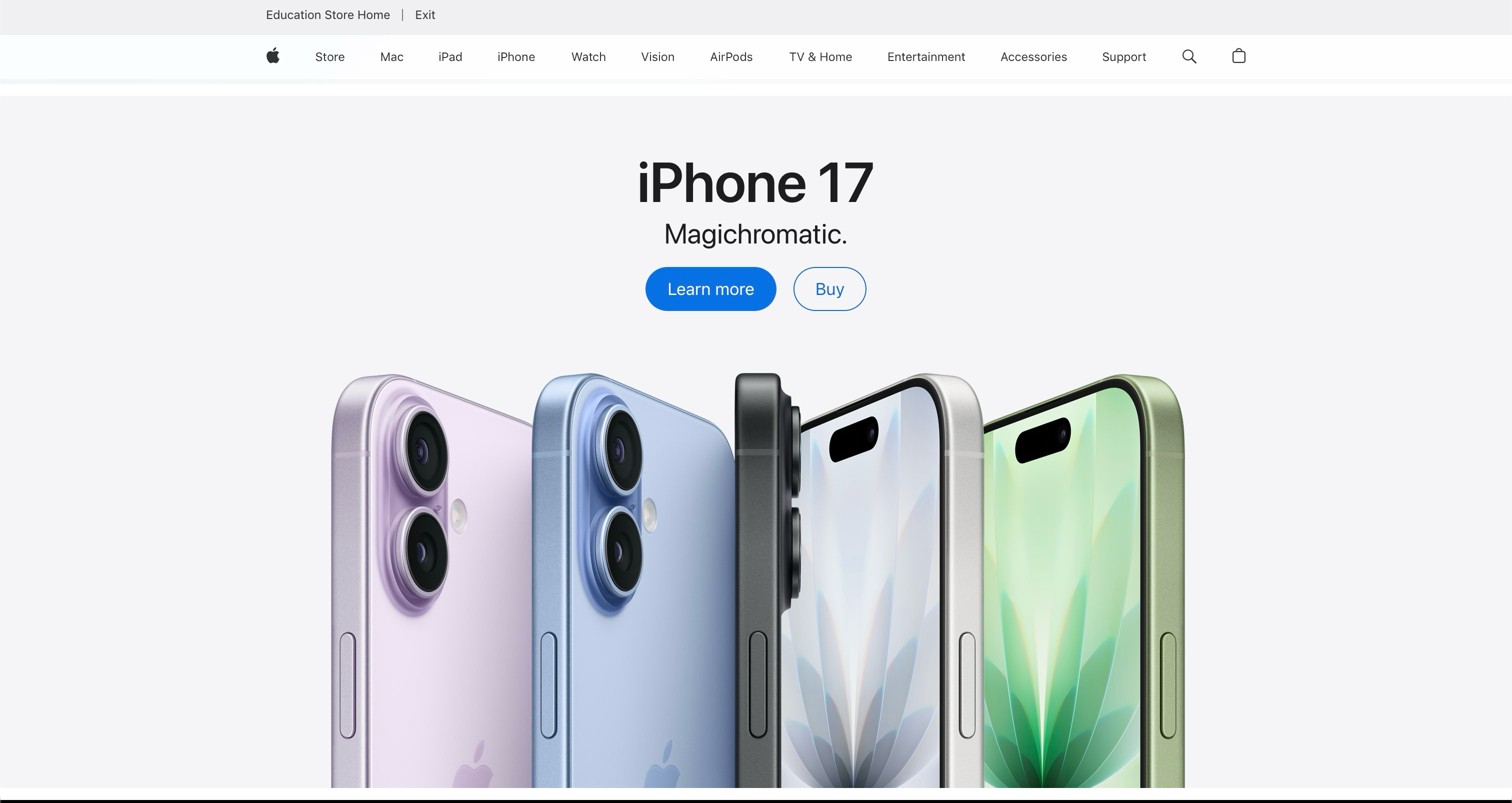 Apple homepage showing the iPhone 17 hero section
